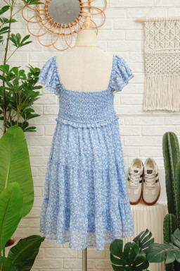 Sky Blue Floral Print Square Neck Flutter Sleeve Smocked Tiered Mini Dress