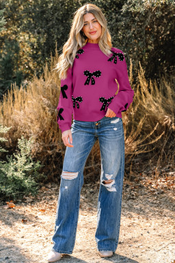 Bright Pink Pearl Embellished Bow Pattern Loose Sweater