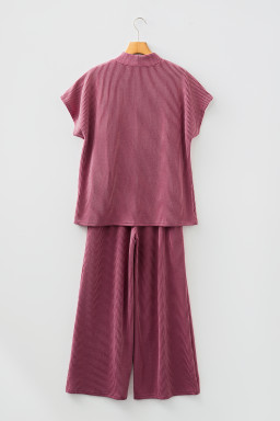 Burgundy Twisted Ribbed High Neck Loose Tee Elastic High Waist Loose Pant Set