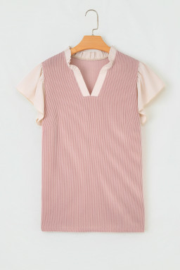 Fushia Plus Size Contrast Frilled Neckline Ruffled Short Sleeve Ribbed Textured Blouse