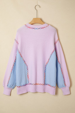 Orchid Bouquet Rainbow Stitching Balloon Sleeve Relaxed Sweater