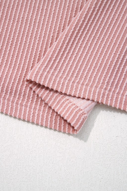 Fushia Plus Size Contrast Frilled Neckline Ruffled Short Sleeve Ribbed Textured Blouse