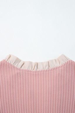 Fushia Plus Size Contrast Frilled Neckline Ruffled Short Sleeve Ribbed Textured Blouse