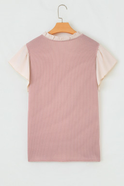 Fushia Plus Size Contrast Frilled Neckline Ruffled Short Sleeve Ribbed Textured Blouse