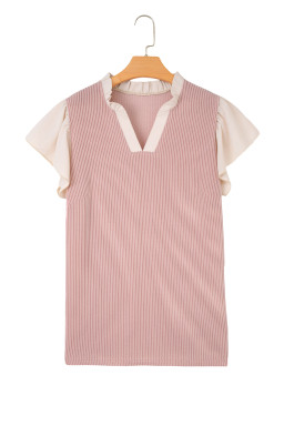Fushia Plus Size Contrast Frilled Neckline Ruffled Short Sleeve Ribbed Textured Blouse