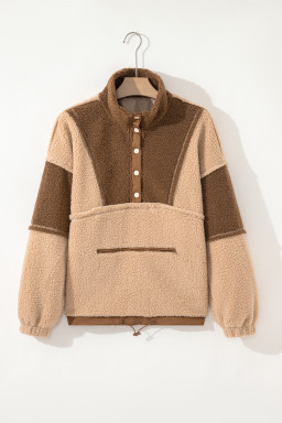 Straw Yellow 2-tone Color Block Patchwork Half Button Sherpa Sweatshirt