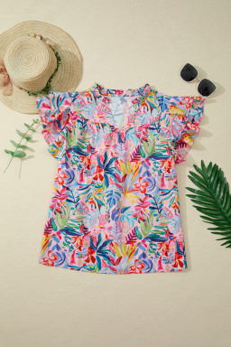 Pink Tropical Floral Print Frilly Notched Neck Ruffled Short Sleeve Blouse