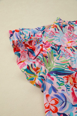 Pink Tropical Floral Print Frilly Notched Neck Ruffled Short Sleeve Blouse