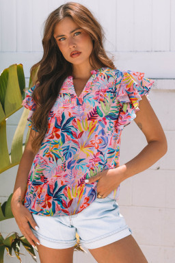 Pink Tropical Floral Print Frilly Notched Neck Ruffled Short Sleeve Blouse