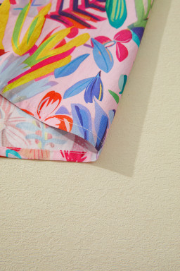 Pink Tropical Floral Print Frilly Notched Neck Ruffled Short Sleeve Blouse