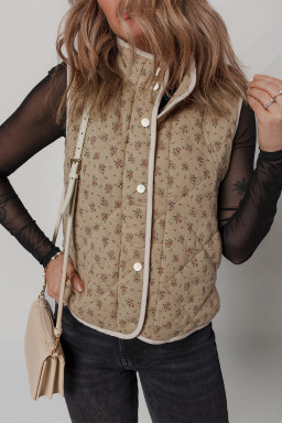 Khaki Floral Print Quilted Concealed Button Vest