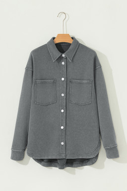 Medium Grey Mineral Wash Chest Pockets Drop Shoulder Shacket with Side Slit