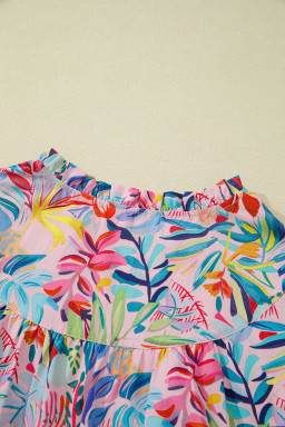 Pink Tropical Floral Print Frilly Notched Neck Ruffled Short Sleeve Blouse