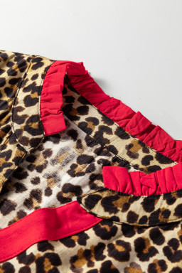 Brown Fierce Leopard Allure Contrast Ruffle Trim V Neck Shirt