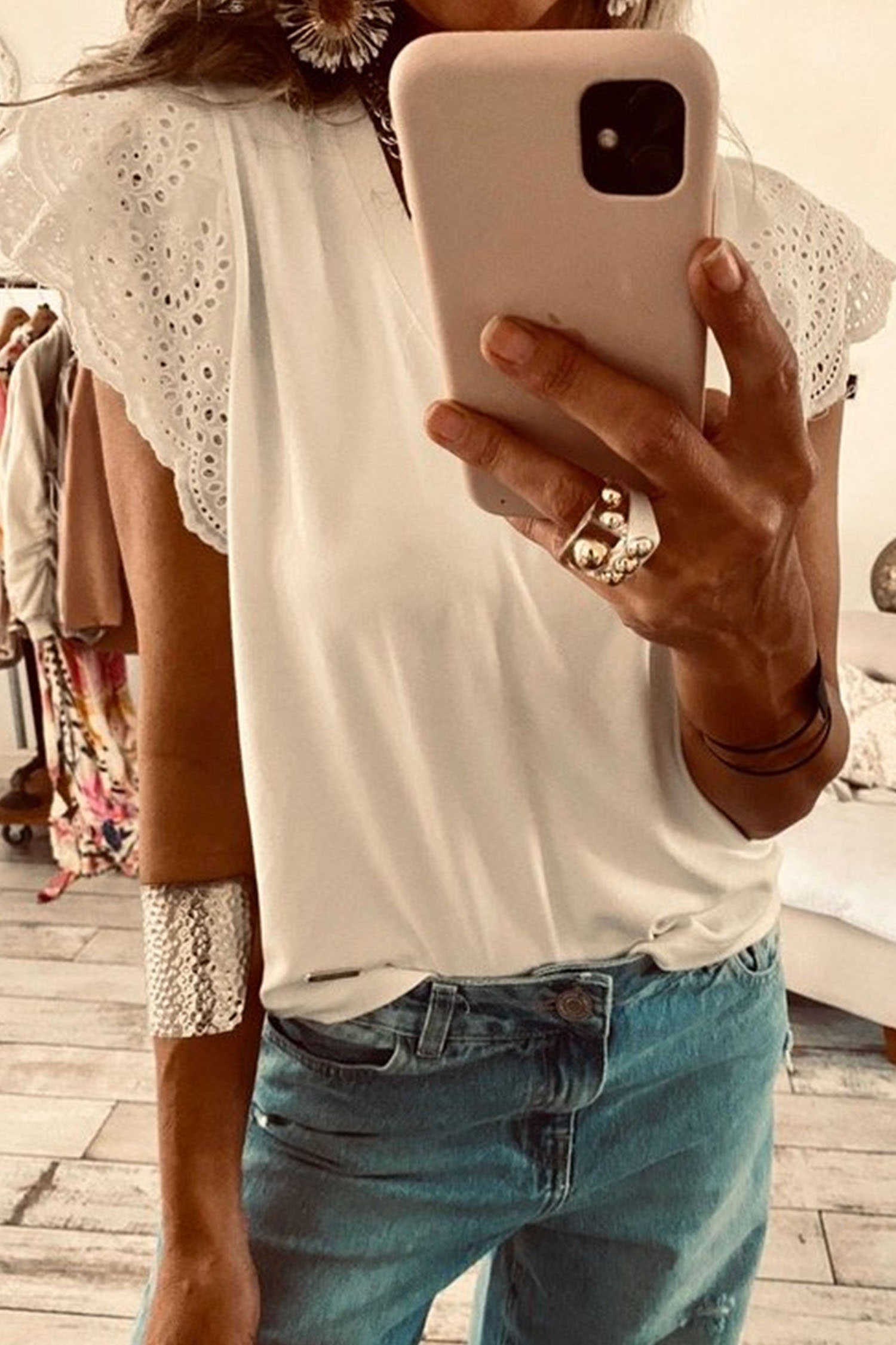 White Eyelet Embroidered Flutter Sleeve Patchwork V Neck Tee