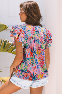Pink Tropical Floral Print Frilly Notched Neck Ruffled Short Sleeve Blouse