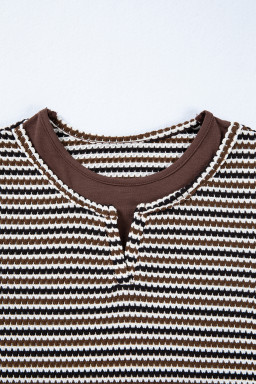 Brown Faux Two Piece Textured Striped Round Neck Long Sleeve T Shirt