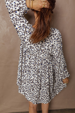 Multicolour Leopard Print V Neck Button Detail Long Sleeve Mini Dress