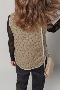 Khaki Floral Print Quilted Concealed Button Vest