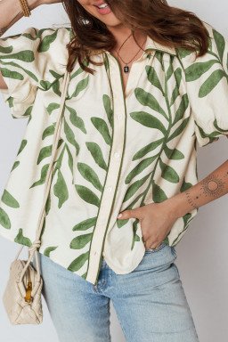Green Leaf Print Short Balloon Sleeve Shirt