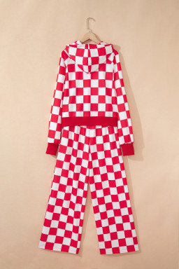 Red Checkered Print Half Zip Hoodie Loose Pant Set