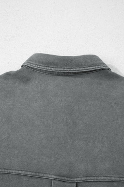 Medium Grey Mineral Wash Chest Pockets Drop Shoulder Shacket with Side Slit