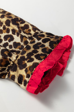 Brown Fierce Leopard Allure Contrast Ruffle Trim V Neck Shirt