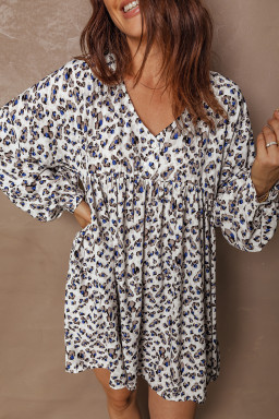 Multicolour Leopard Print V Neck Button Detail Long Sleeve Mini Dress