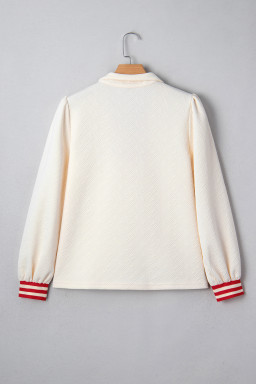 White Textured Knit Contrast Striped Accent Zipped Collar Pullover Top