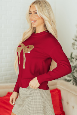 Fiery Red Sequined Bow Graphic Christmas Holiday Sweater