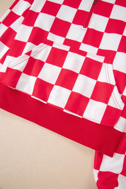 Red Checkered Print Half Zip Hoodie Loose Pant Set