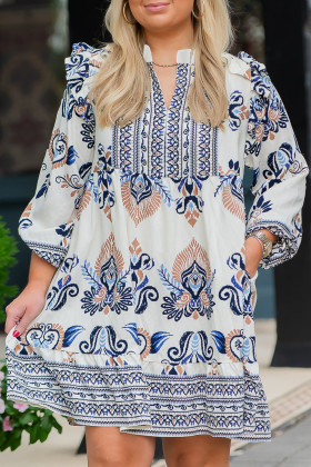 Sky Blue Plus Size Boho Print Split Neck Long Sleeve Mini Dress