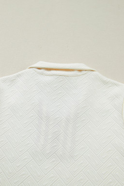 White Textured Knit Contrast Striped Accent Zipped Collar Pullover Top