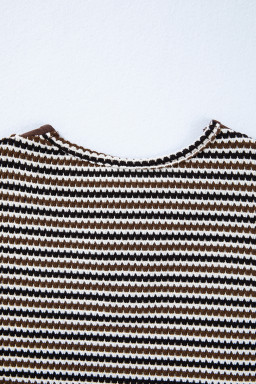 Brown Faux Two Piece Textured Striped Round Neck Long Sleeve T Shirt