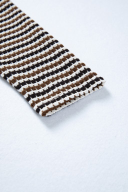 Brown Faux Two Piece Textured Striped Round Neck Long Sleeve T Shirt