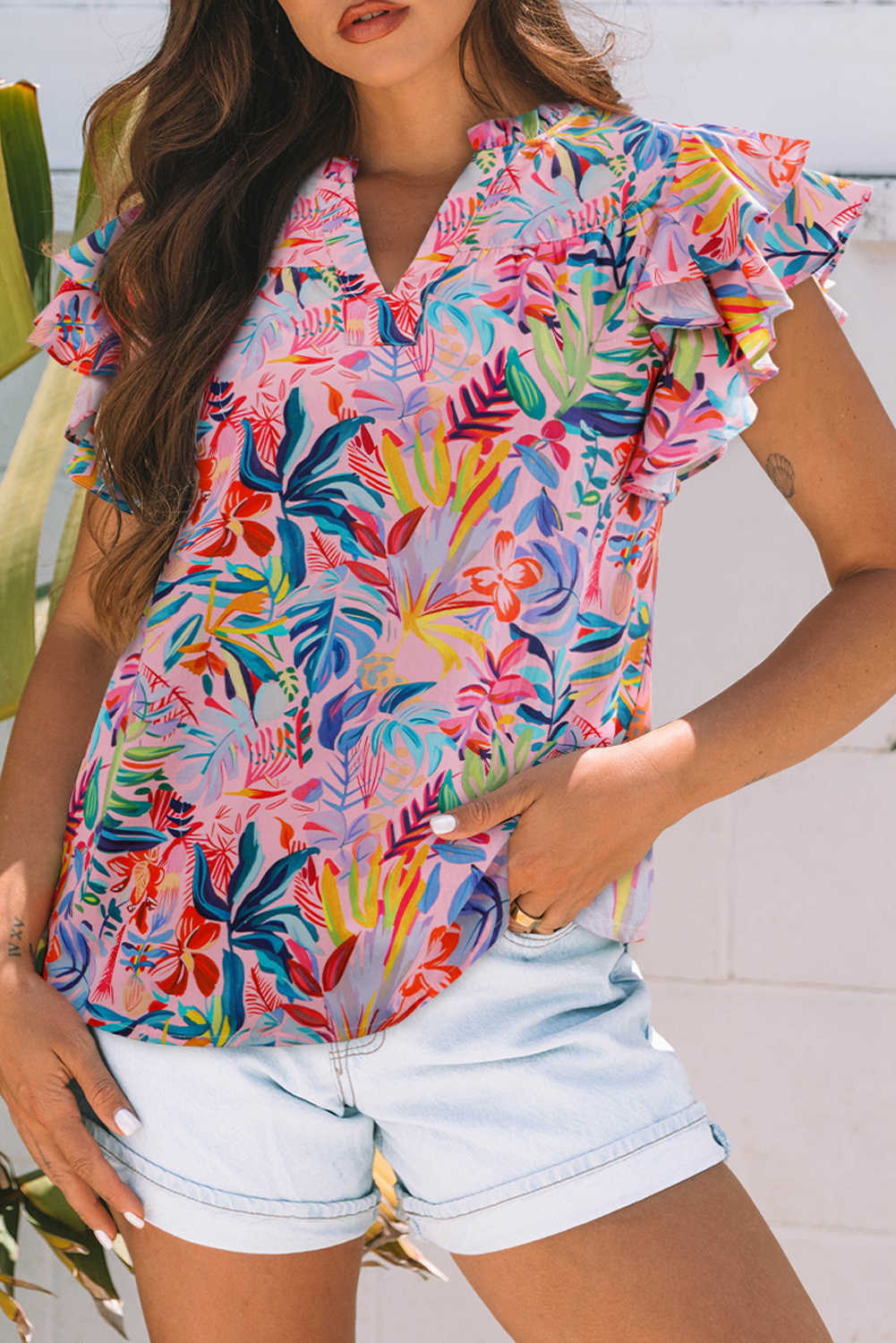 Pink Tropical Floral Print Frilly Notched Neck Ruffled Short Sleeve Blouse