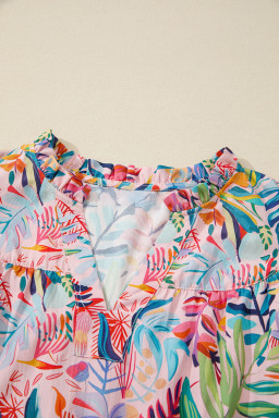 Pink Tropical Floral Print Frilly Notched Neck Ruffled Short Sleeve Blouse