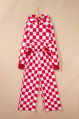 Red Checkered Print Half Zip Hoodie Loose Pant Set
