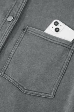 Medium Grey Mineral Wash Chest Pockets Drop Shoulder Shacket with Side Slit