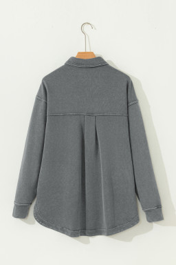 Medium Grey Mineral Wash Chest Pockets Drop Shoulder Shacket with Side Slit