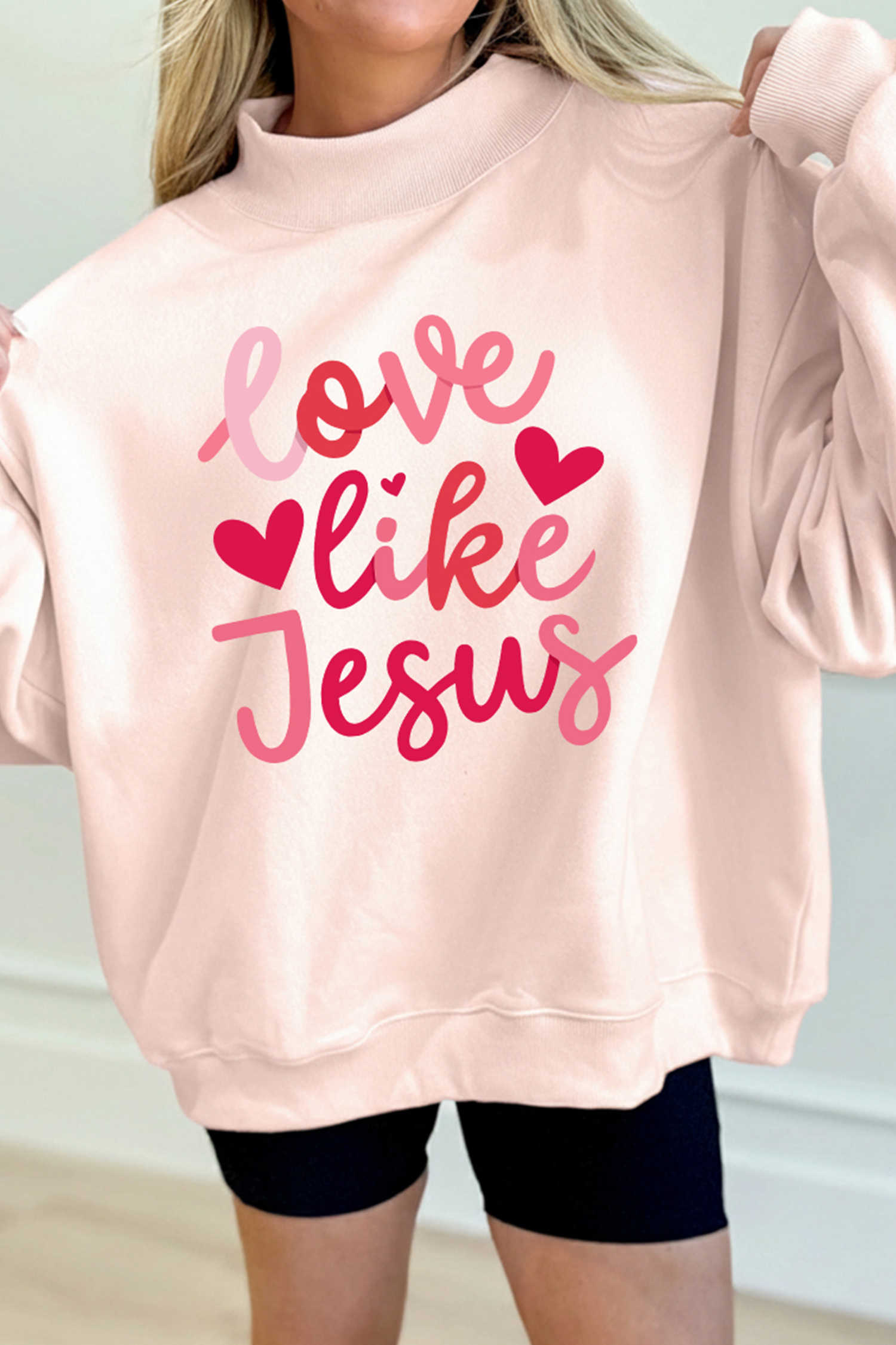 Light Pink love like Jesus Valentines Day Mock Neck Sweatshirt