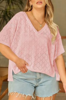 Light Pink Pointelle Rhombus Knit Plus Size V Neck Loose Top