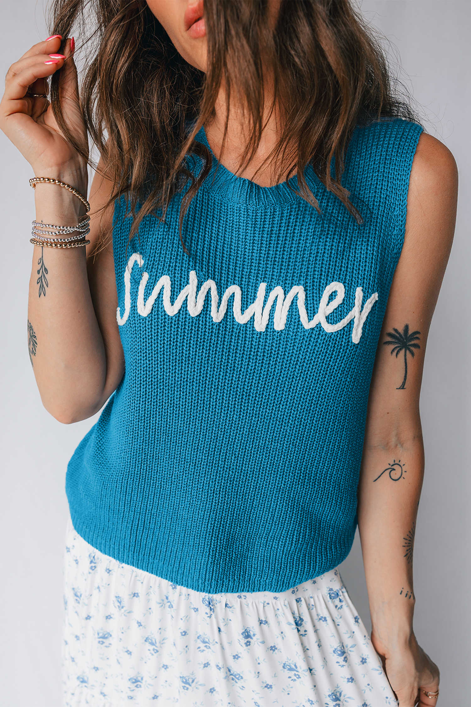 Dusk Blue Summer Script Graphic Sleeveless Sweater Vest