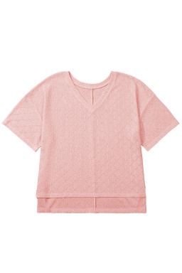 Light Pink Pointelle Rhombus Knit Plus Size V Neck Loose Top