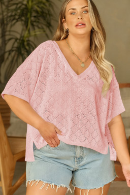 Light Pink Pointelle Rhombus Knit Plus Size V Neck Loose Top
