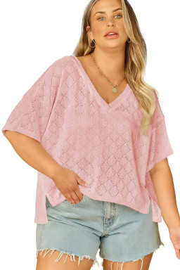 Light Pink Pointelle Rhombus Knit Plus Size V Neck Loose Top