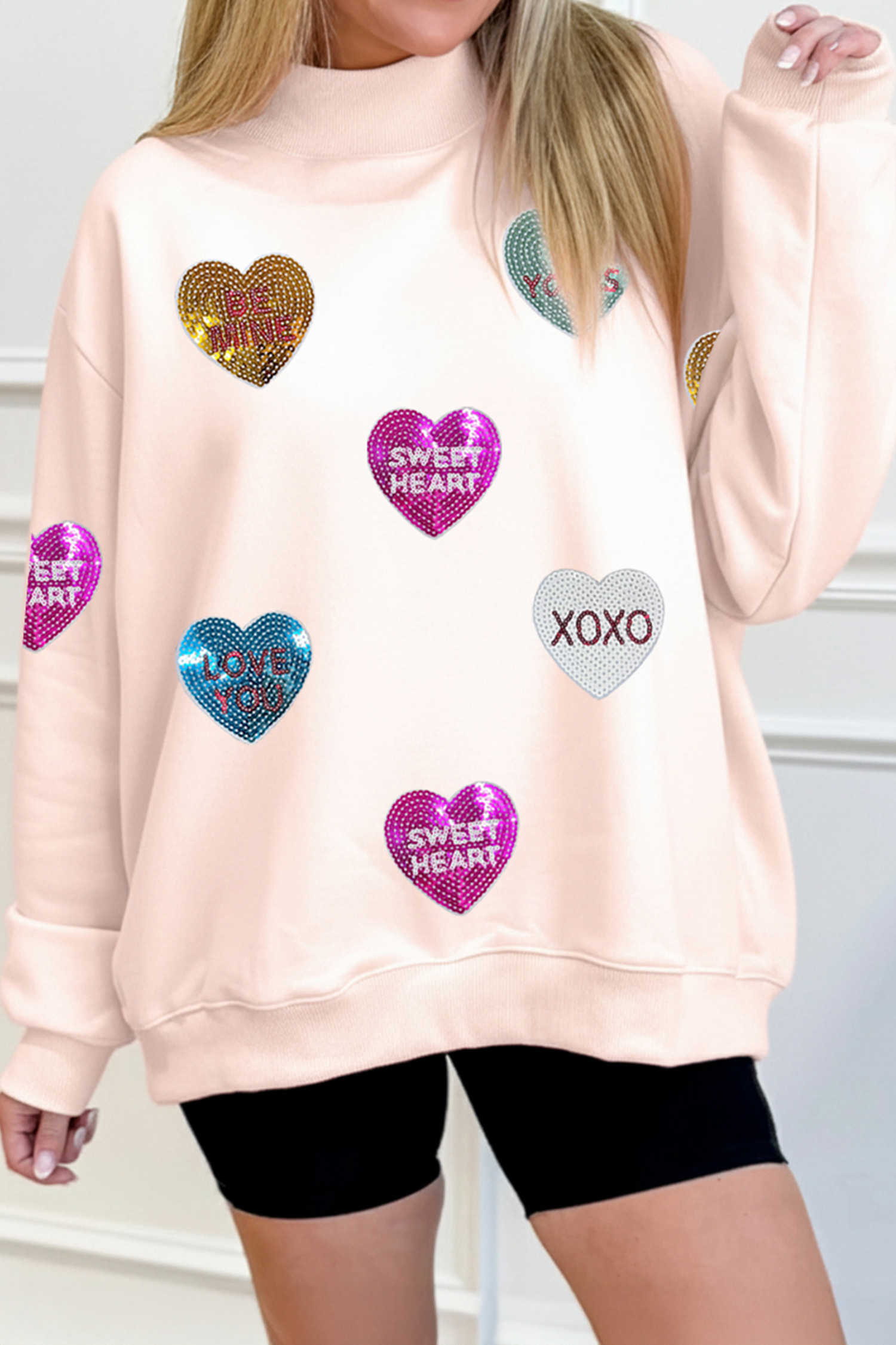 Apricot Pink Valentines Slogan Sequin Heart Patched Mock Neck Sweatshirt