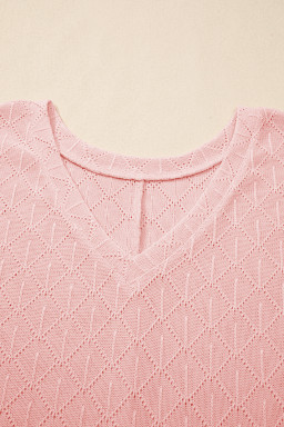 Light Pink Pointelle Rhombus Knit Plus Size V Neck Loose Top