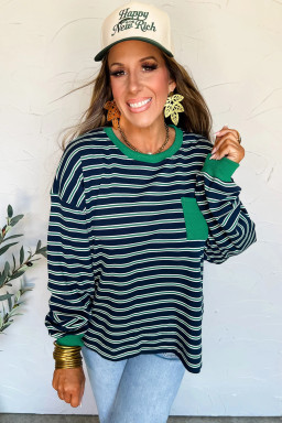 Green Stripe Ribbed Color Block Patchwork Crew Neck Patch Pocket Long Sleeve Top