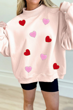 Apricot Pink Glitter Trim Chenille Heart Patched Mock Neck Sweatshirt